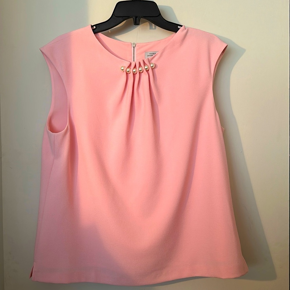 Women’s Tahari Arthur S. Levine pink top with pearl-like embellishments.